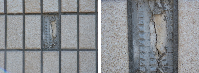 下地にウキやワレが生じてタイルが剥落してしまった例